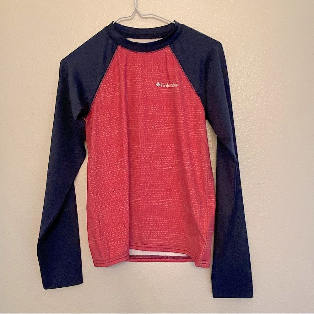 Columbia girls hot pink navy blue long sleeve stretch base layer crew shirt S/8